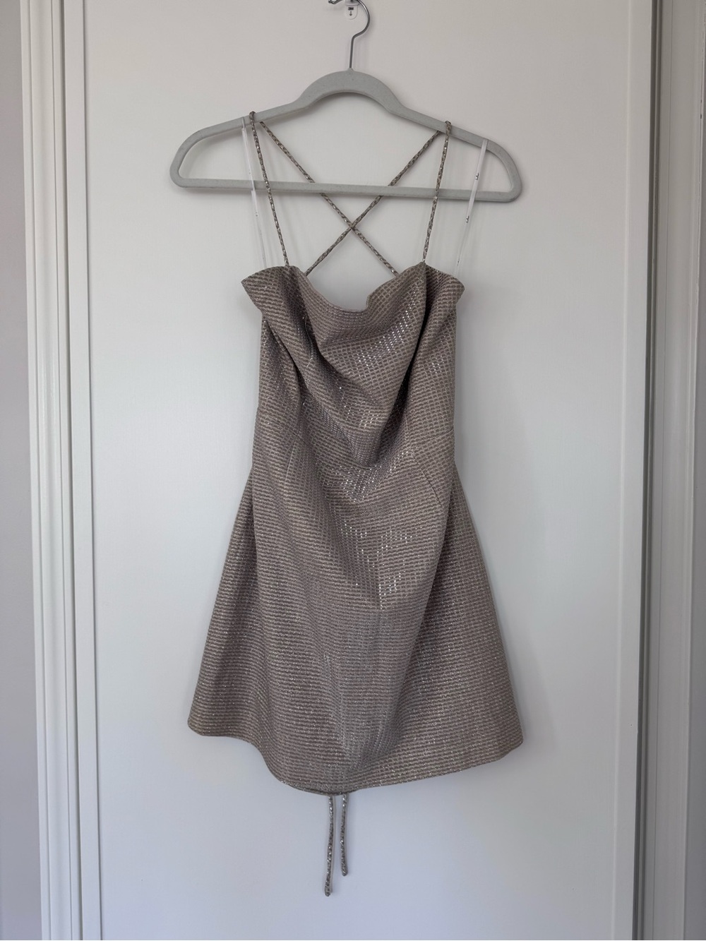 Lulu's Shimmering Taupe Cowl Mini Dress with Crisscross Straps